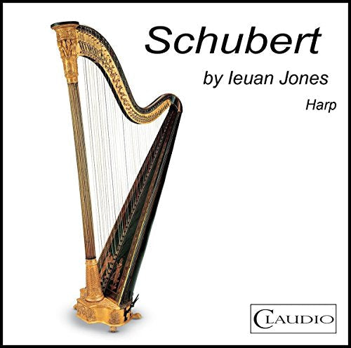 A golden concert harp against a white background with text Schubert by Ieuan Jones.