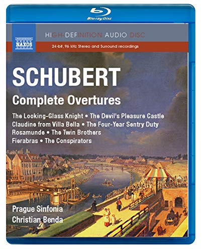 Blu-ray cover for Schubert Complete Overtures featuring a landscape painting of a river town.