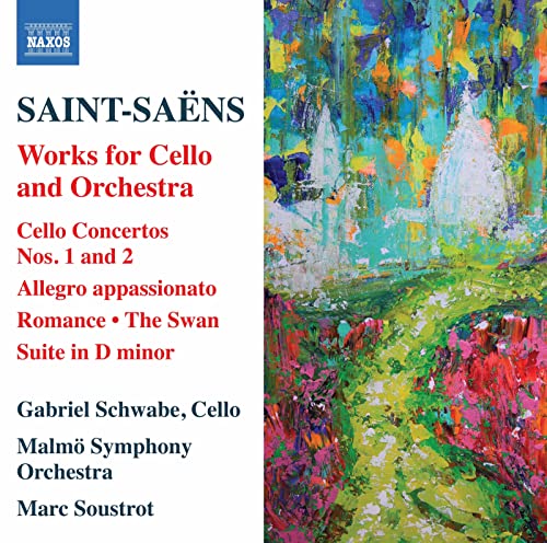 CD cover for Saint-Saëns cello works with abstract colorful painting.