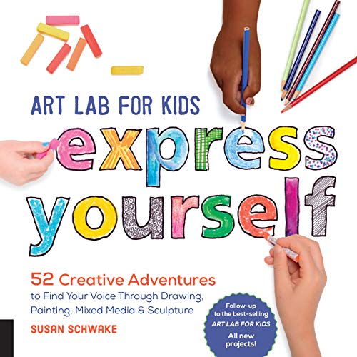 Book cover with colorful lettering, hands drawing, and art supplies.