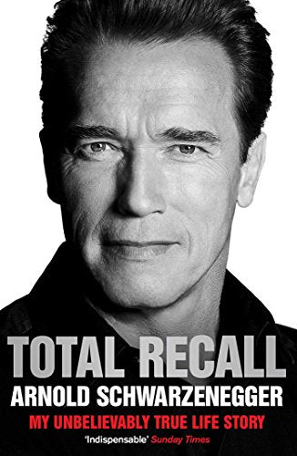 Black and white portrait of Arnold Schwarzenegger, book cover for "Total Recall.