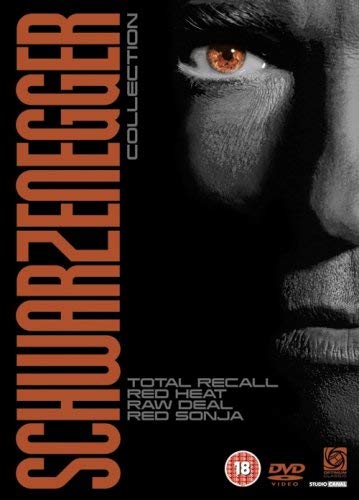 DVD cover featuring Arnold Schwarzenegger’s intense close-up and film titles.
