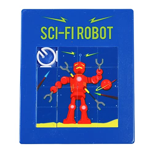 Blue plastic sliding puzzle depicting a red robot with planets.