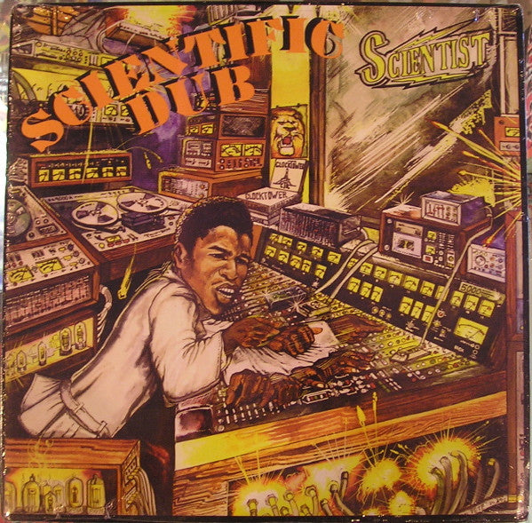 Album cover for “Scientist - Scientific Dub” featuring a man at sound equipment.