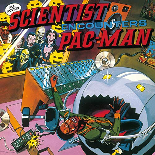Album cover: Scientist encounters Pac-Man with comic book style characters.