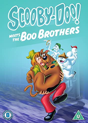 Shaggy carries Scooby-Doo as three ghosts float behind them on a blue background.