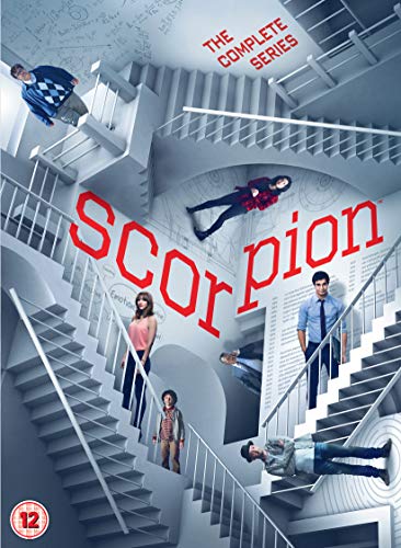DVD cover for Scorpion: The Complete Series featuring cast members on an Escher-style staircase.
