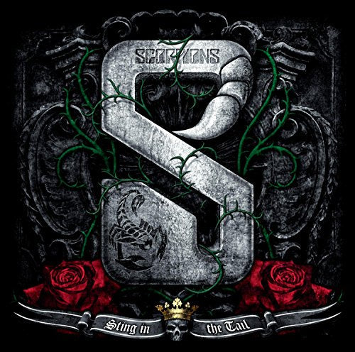 Scorpions album cover: ornate stone "S" with scorpion, roses, and skull.