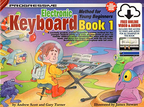 Cover of Progressive Electronic Keyboard Method Book 1 featuring a cartoon astronaut playing keyboard.