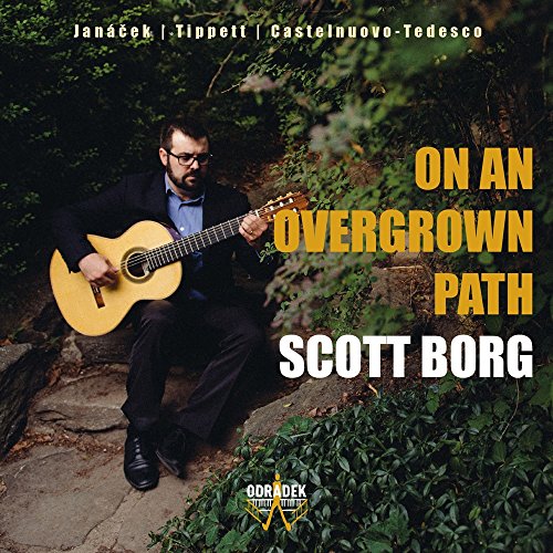 Scott Borg with guitar, sitting on rocks amidst overgrown greenery.