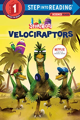 Book cover featuring three cartoon velociraptors in a jungle setting from the StoryBots series.