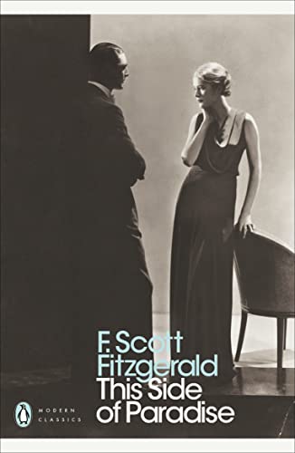 Book cover: āThis Side of Paradiseā by F. Scott Fitzgerald, couple in vintage attire.