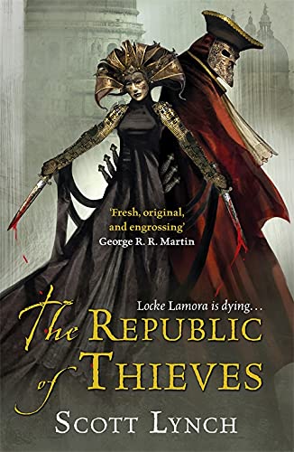 Book cover: two figures in dramatic poses with swords, city background.