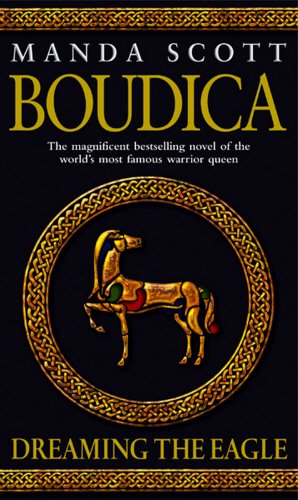 The image depicts a book cover. Alt text: Book cover with horse emblem and Celtic knotwork on black background.