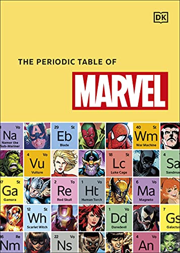 Book cover titled The Periodic Table of Marvel featuring a grid of comic characters.