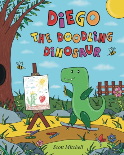 Green dinosaur Diego paints on a canvas with a crayon.