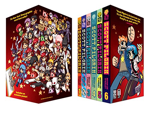 Scott Pilgrim slipcase collection with six colorful graphic novels inside.