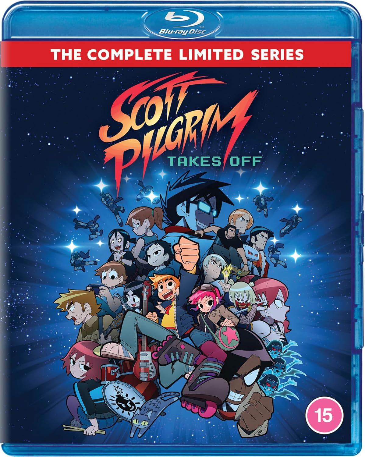 Blu-ray cover art for Scott Pilgrim Takes Off featuring an ensemble of animated characters.