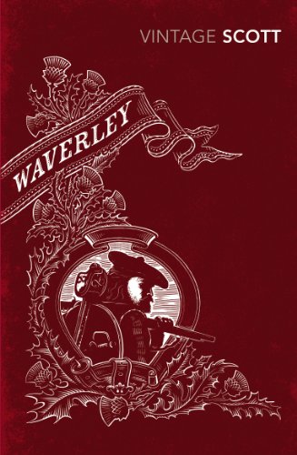 Red book cover for "Waverley" by Scott, with a sketched highland scene.
