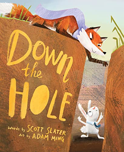 Fox falling into a hole, with a surprised rabbit looking up.