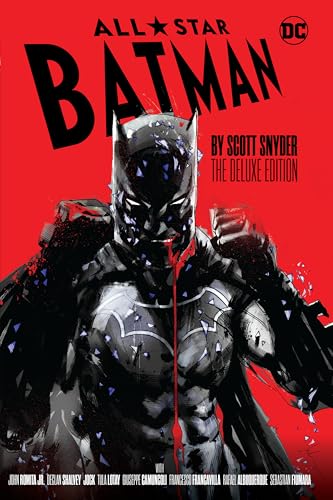 Batman cover art: dark, textured illustration with red background and dripping blood.