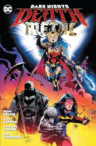 Wonder Woman, Batman with a scythe, and a rocky Superman on a comic book cover.