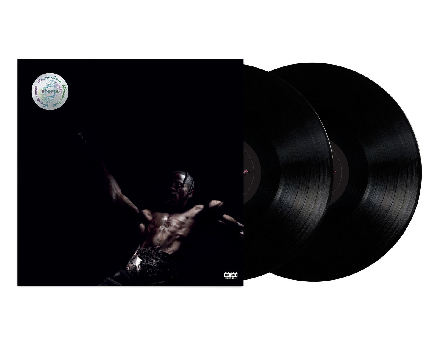Travis Scott's "Utopia" vinyl album cover and two black vinyl records.
