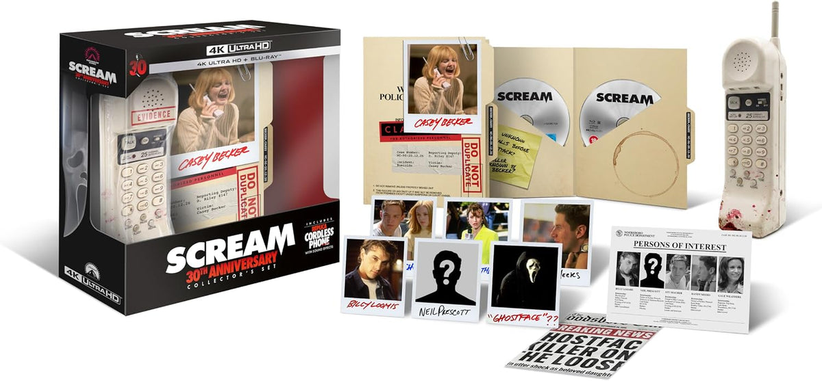 Scream" 30th Anniversary Blu-ray collector's edition box set with Ghostface mask image.
