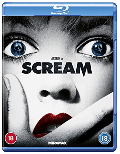 Blu-ray cover for Scream featuring a close-up of a face with ghost mask reflections.