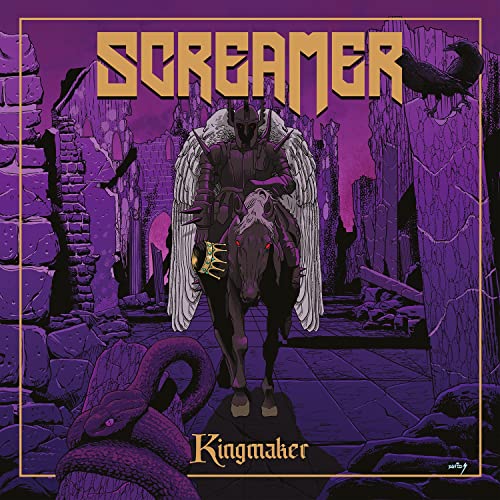A winged knight in armor rides a black horse through purple ruins.