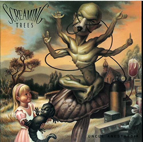 Album cover: surreal painting of a figure, child, and monkey.