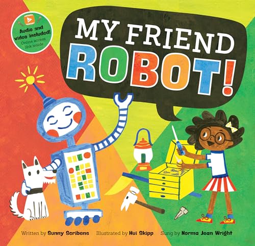 A robot, a dog, and a girl with a toolbox on a colorful background.