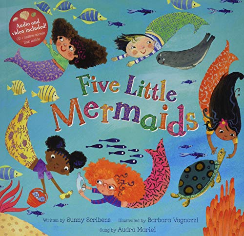 Book cover: Five Little Mermaids, colorful illustration of diverse mermaids.