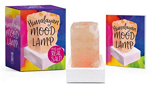 Pink salt lamp in a white base, with its packaging shown.