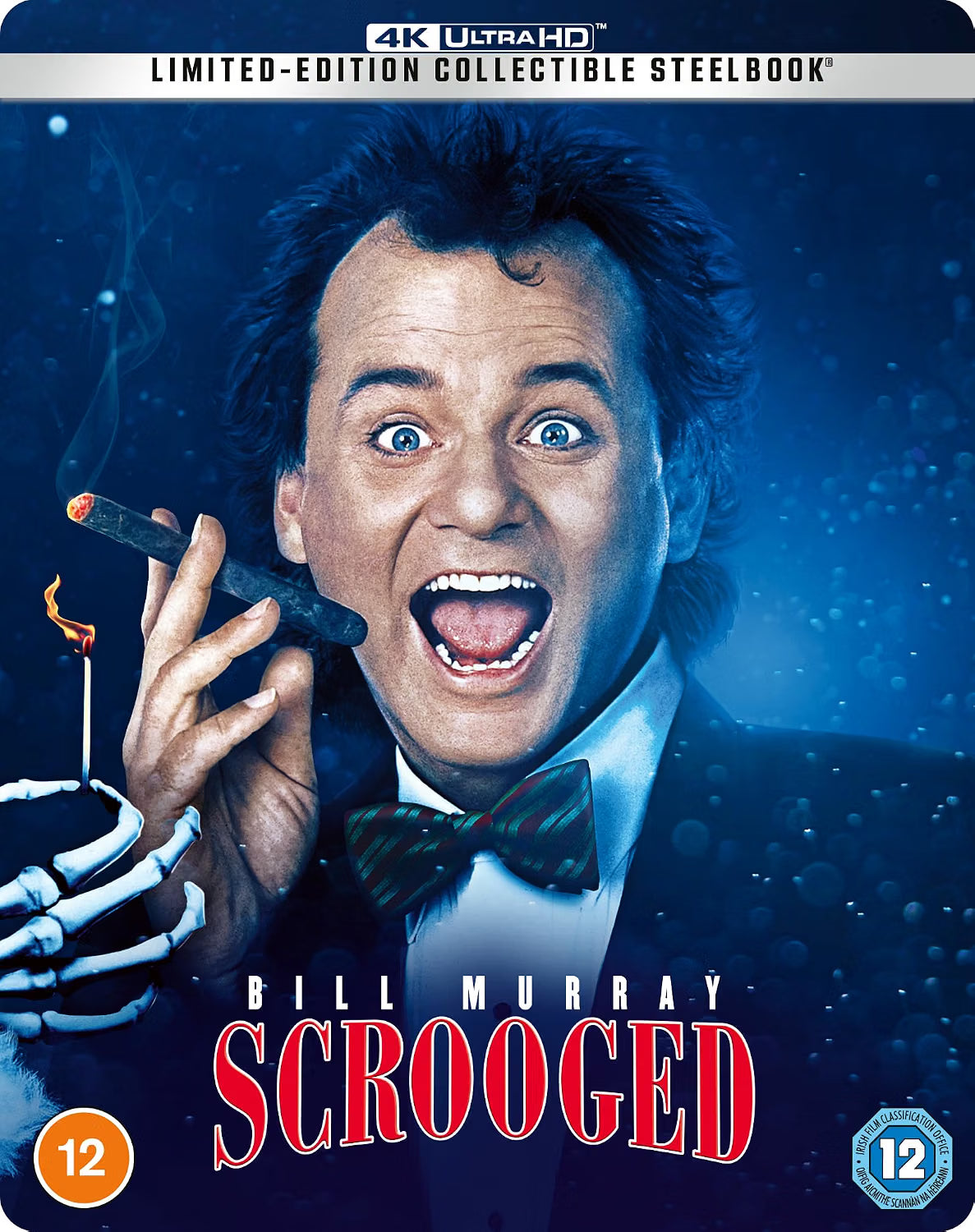 Scrooged" SteelBook cover featuring Bill Murray with skeletal hand and cigar.