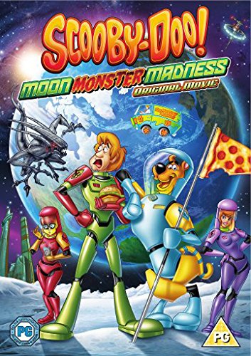 Scooby-Doo characters in space suits on the moon, DVD cover art.