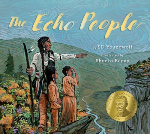 Book cover: three Indigenous figures overlooking a green, hilly landscape.