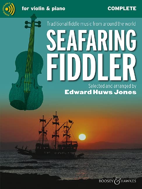 Sheet music cover showing a green violin silhouette over a ship at sunset.