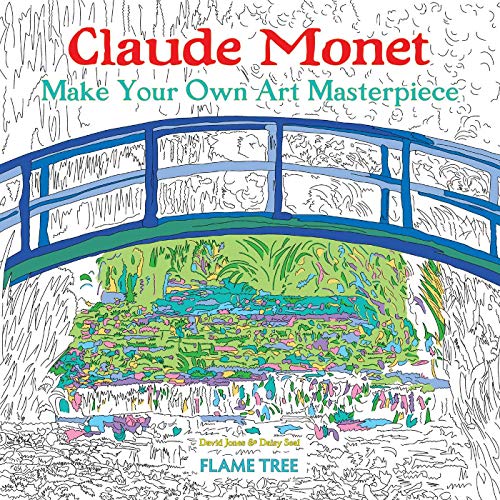 Colouring book cover featuring Monet’s water lilies and a bridge outline.