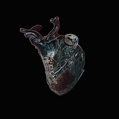 Anatomical heart illustration with a skull on top against a black background.