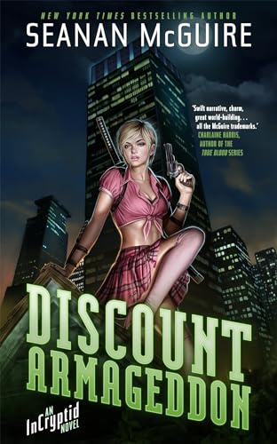 Book cover: woman with guns and swords in a city landscape.