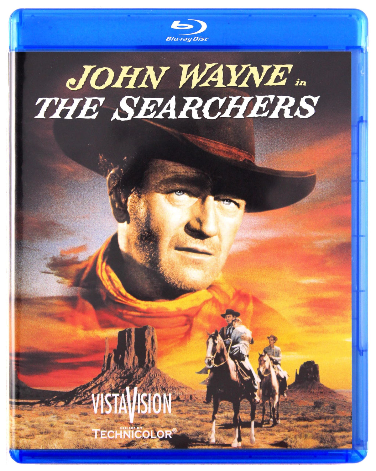 Blu-ray cover for "The Searchers" featuring John Wayne in a cowboy hat.