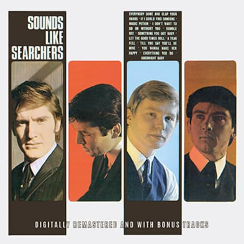 Album cover for "Sounds Like Searchers" featuring portraits of four men.