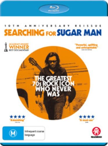 Searching For Sugar Man" Blu-ray cover featuring a musician with a guitar.
