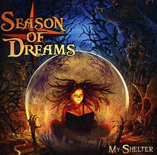 A girl reads a book inside a glowing orb surrounded by a dark forest.