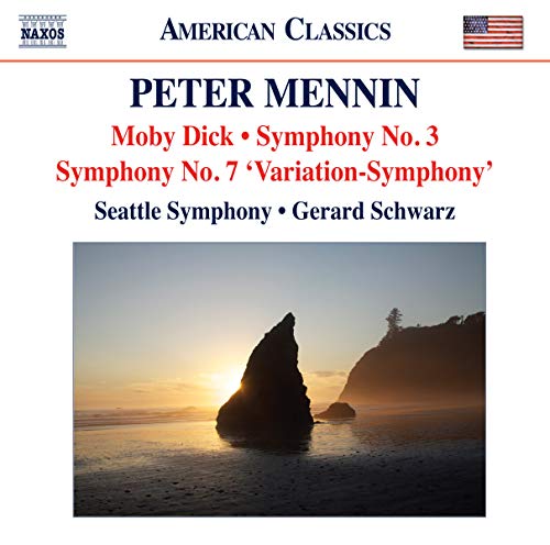 CD cover for Peter Mennin's Moby Dick featuring a sunset over a rocky beach.