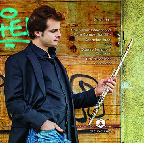 Flutist Sébastien Jacot holding a flute, album cover for classical music CD.