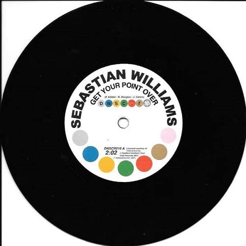 Black vinyl record label with white text: "Sebastian Williams - Get Your Point Over.