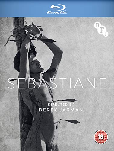 Sebastiane" Blu-ray cover: a tied, shirtless man against a grainy, grey background.