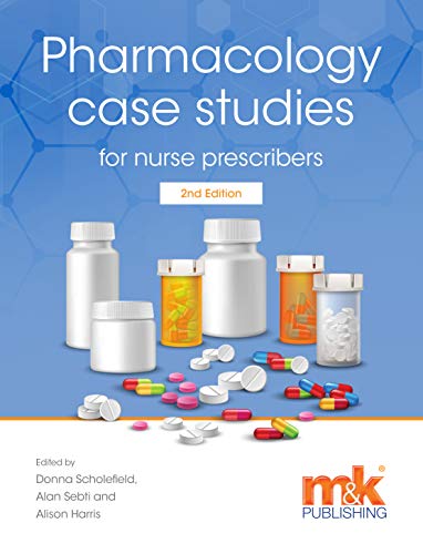 Book cover: "Pharmacology Case Studies for Nurse Prescribers," 2nd edition, with pills.